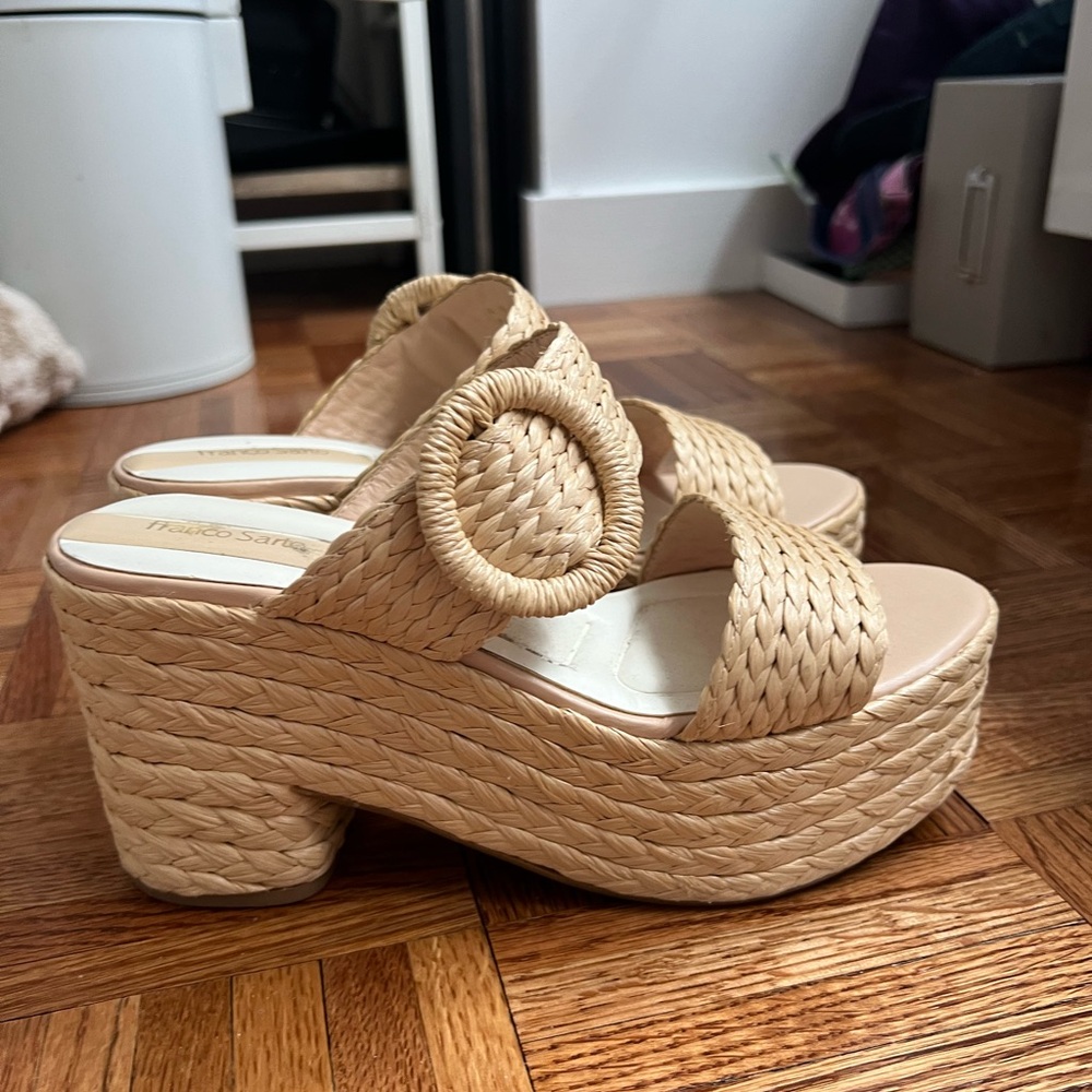 Franco Sarto Tan Platform Sandals with Straw Woven Design